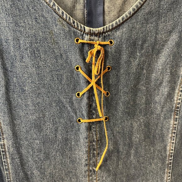 Expressions 1X 1XL VTG Y2K 90s Denim Maxi Dress Suede Leather Lace Up Slit Boho - Picture 4 of 9